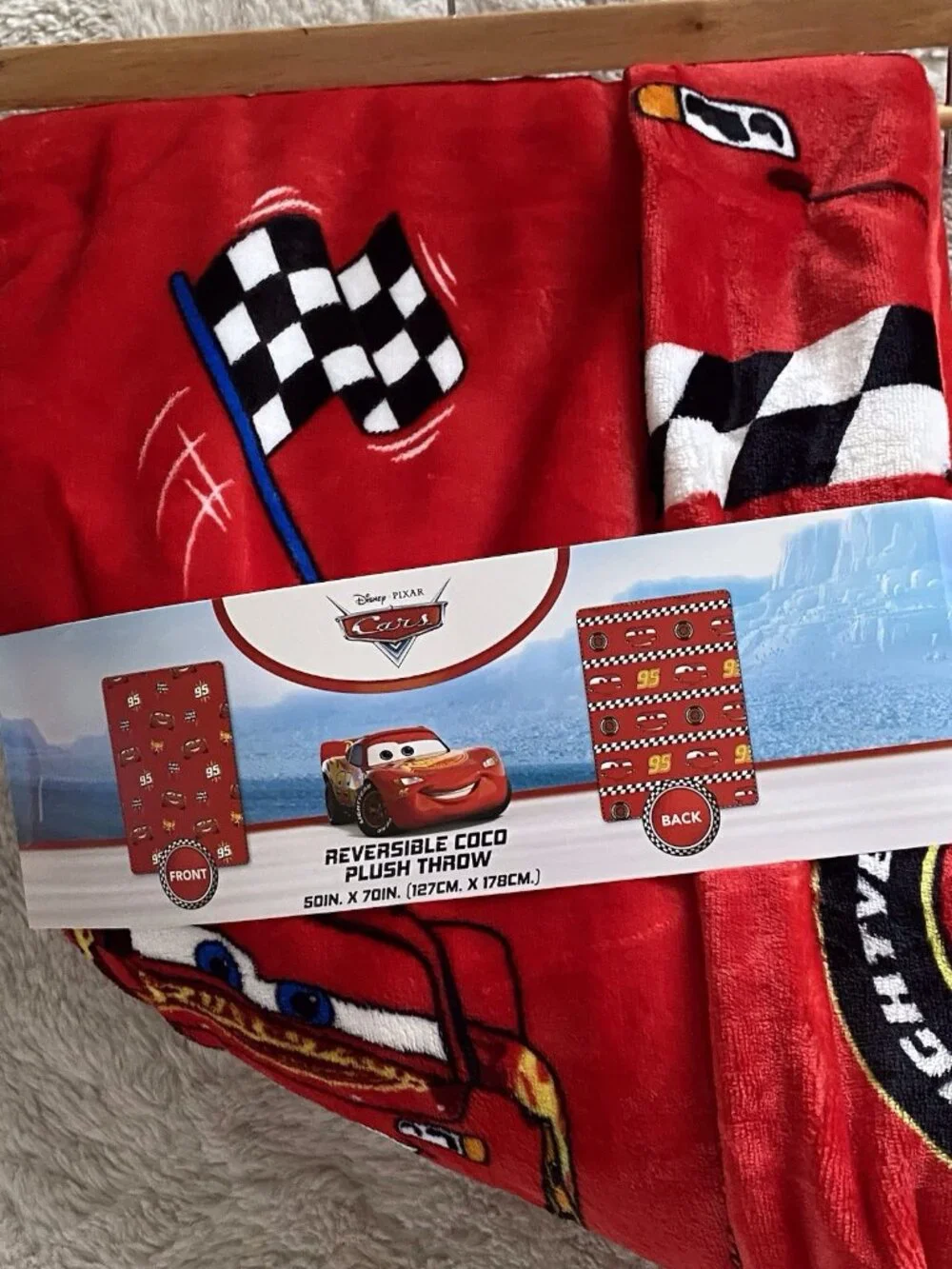 DISNEY Pixar CARS LIGHTNING MCQUEEN Reversible Coco Throw Blanket 50‎ X 70” NEW
